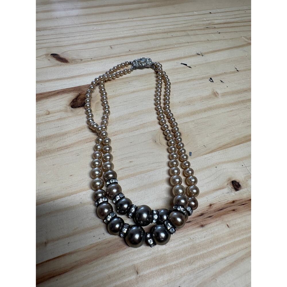 Vintage Double Strand Faux Pearl Necklace Rhinestone Silver Tone - Picture 2 of 8